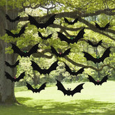 Hanging Bats Halloween Decorations – 18-Pack Outdoor/Indoor Flying Bats with Emoji Eyes & Hanging Kit